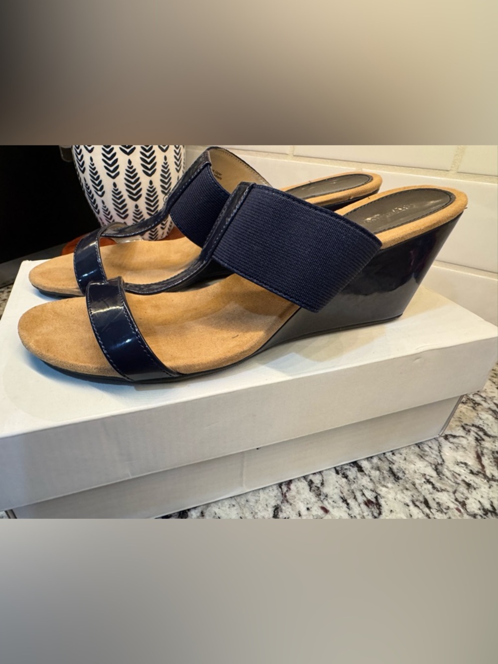 Style & Co. Navy Patent and Elastic Wedge Sandals